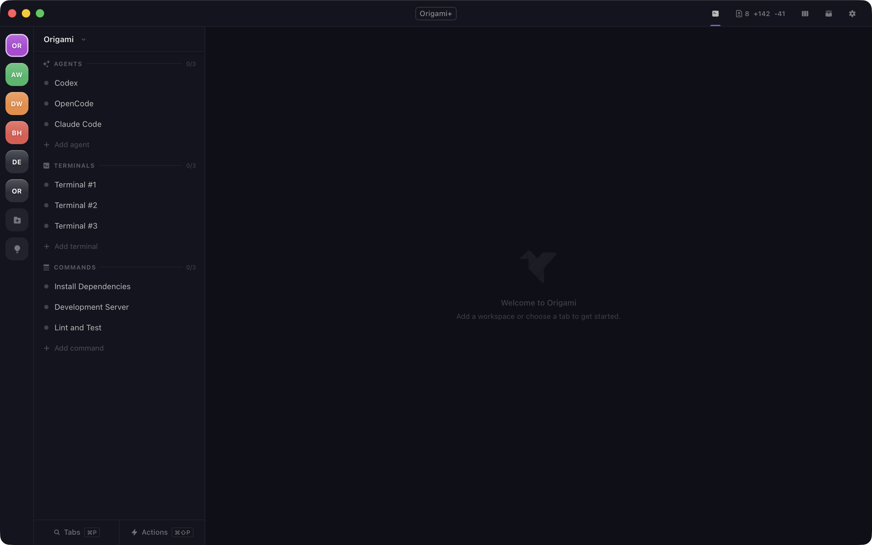 Origami workspace view showing a project with multiple terminal tabs and sidebar navigation