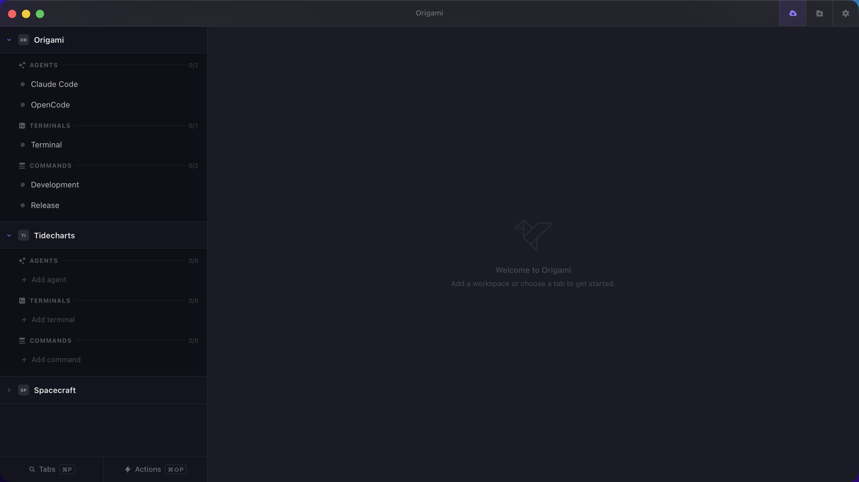 Origami workspace view showing a project with multiple terminal tabs and sidebar navigation