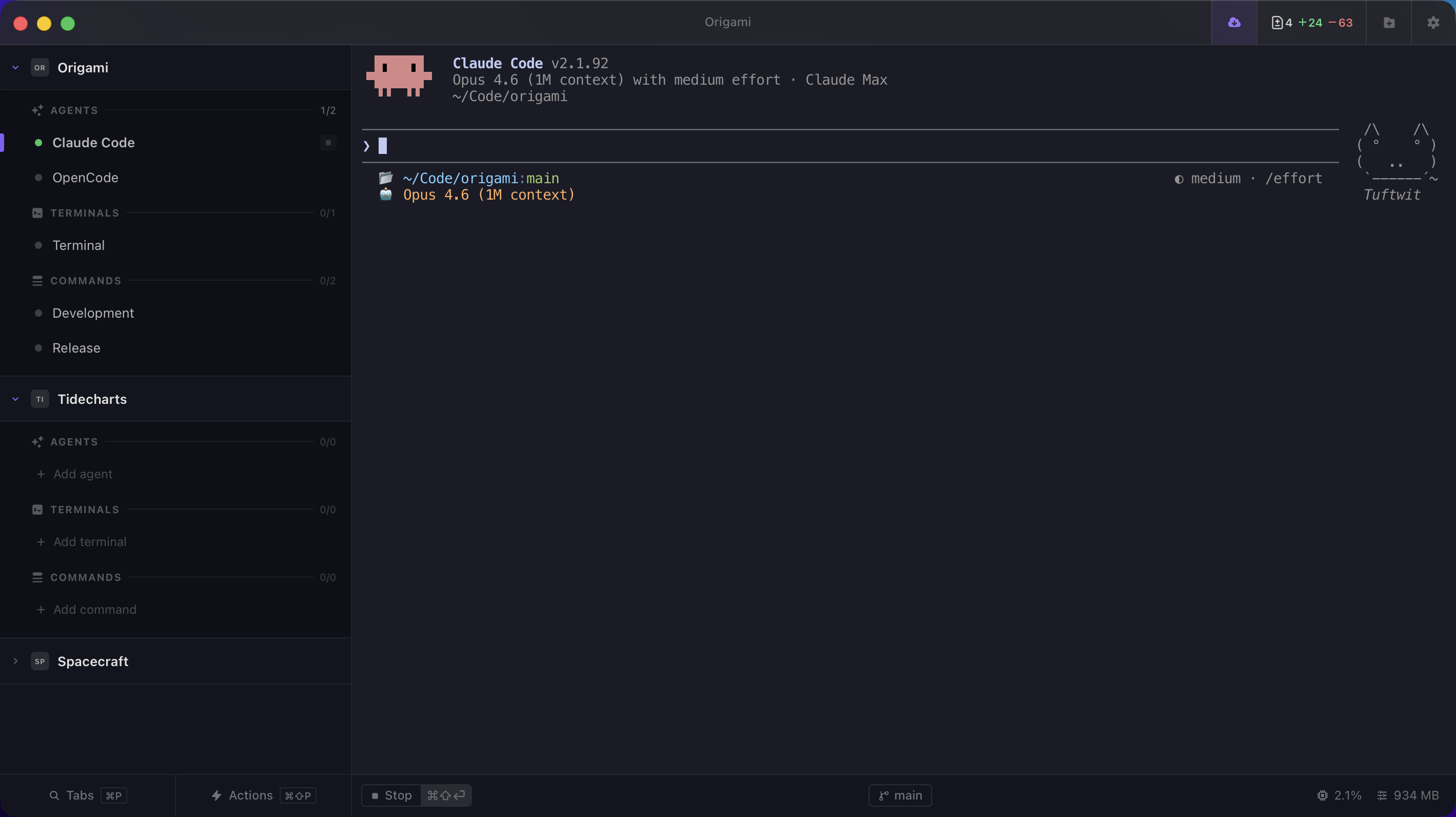 Origami showing an AI agent running in a tab alongside terminal shells