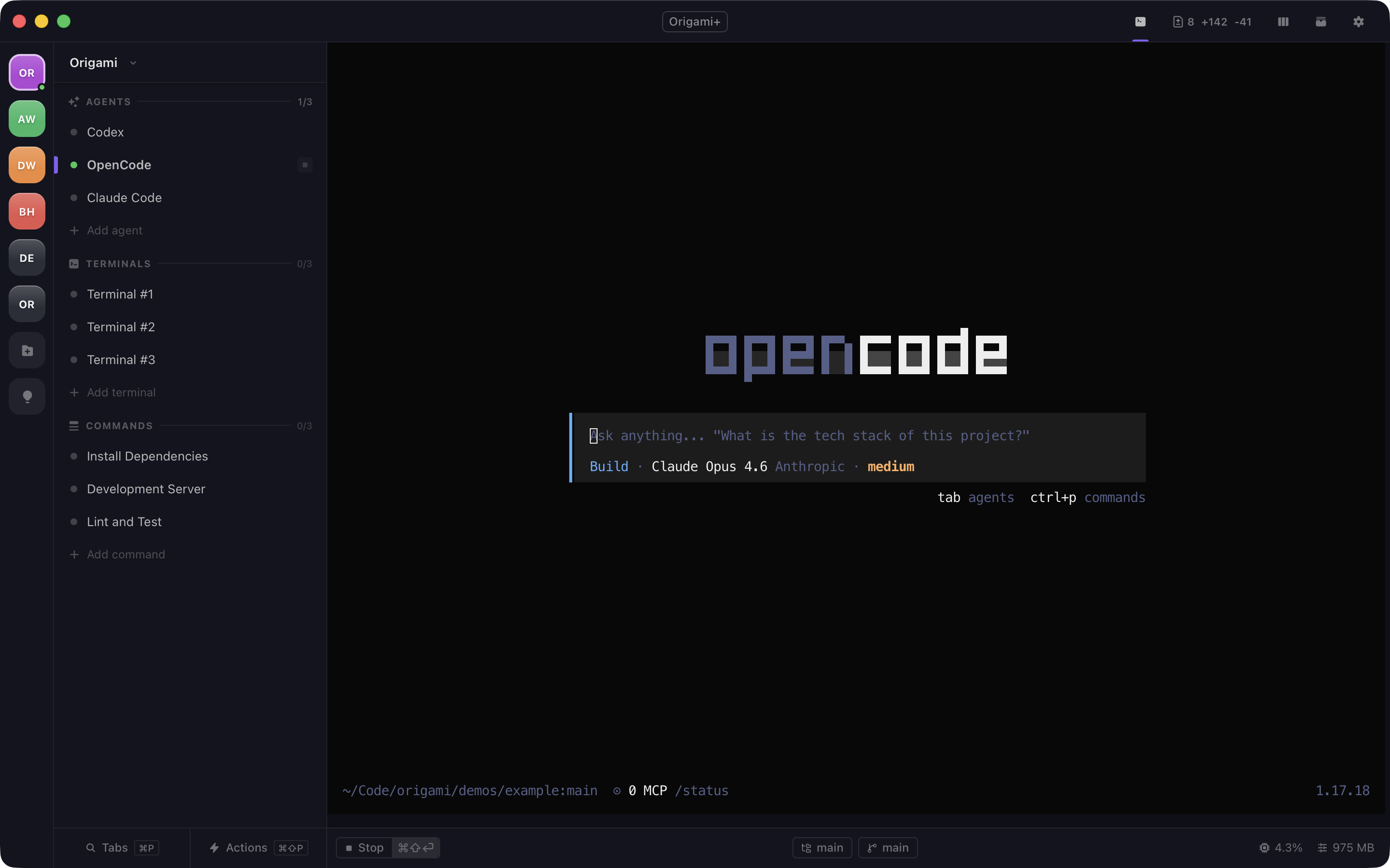 Origami showing an AI agent running in a tab alongside terminal shells