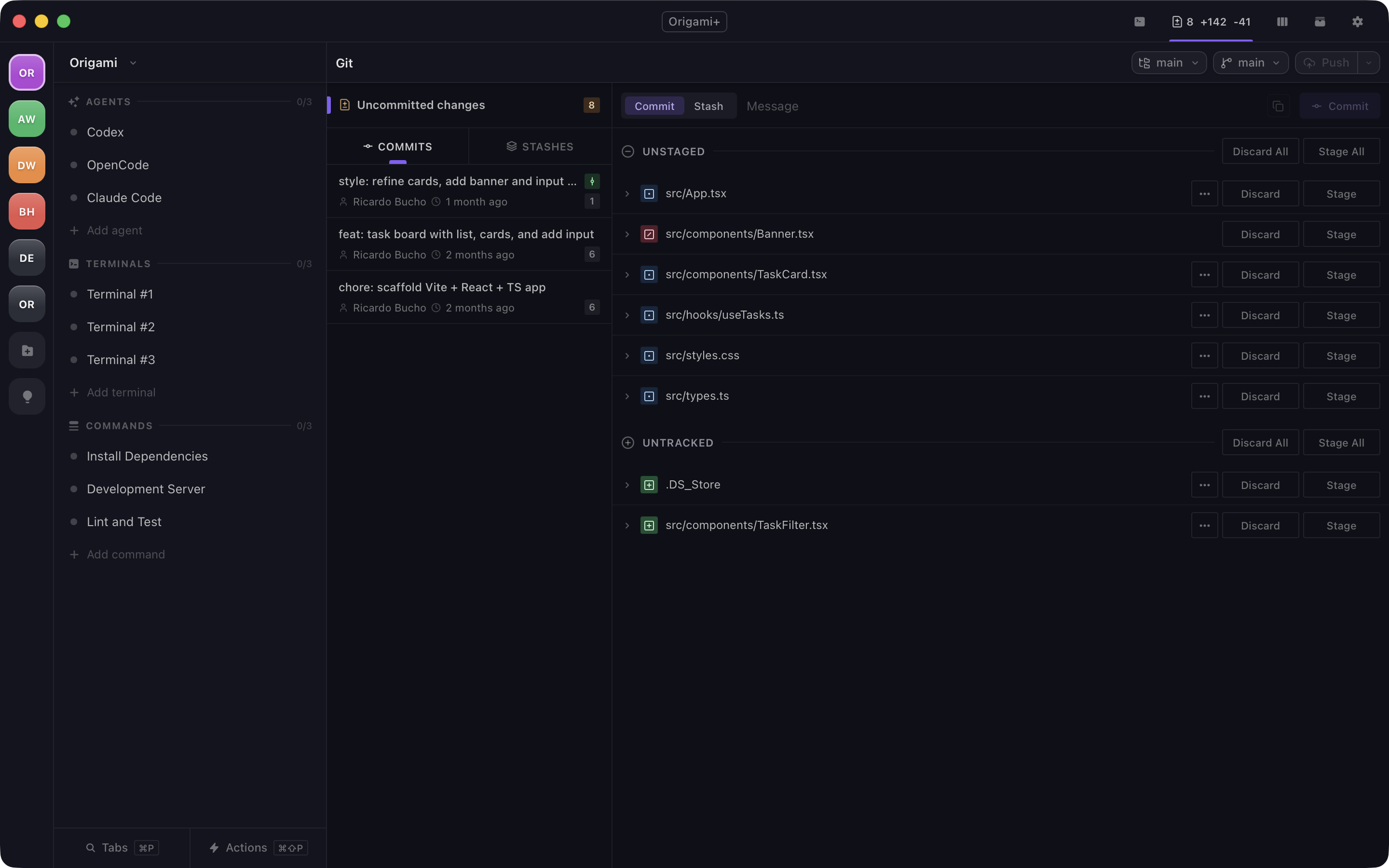 Origami built-in git view showing staged and unstaged changes alongside the commit history