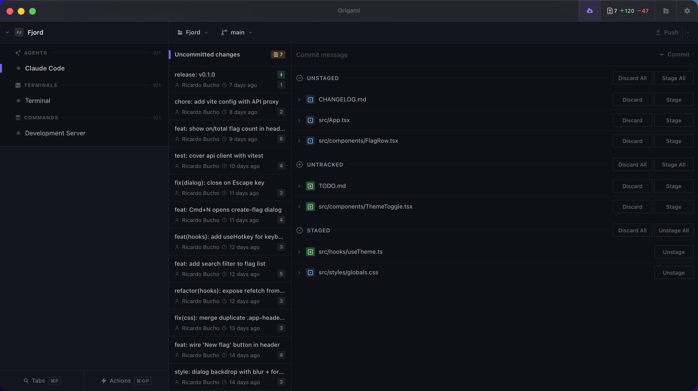 Origami built-in git view showing a diff and commit interface