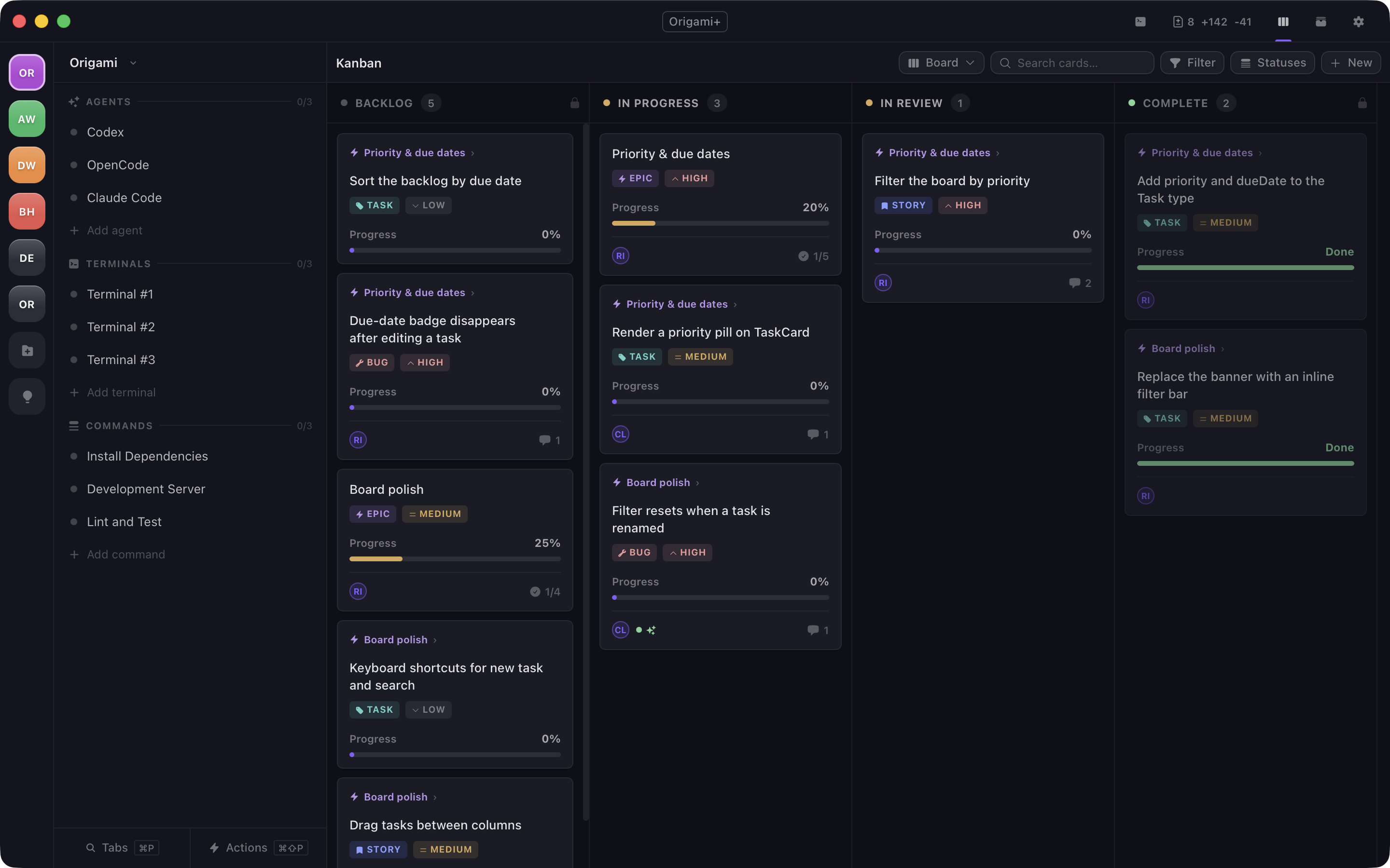 Origami kanban board with backlog, in progress, in review, and complete columns