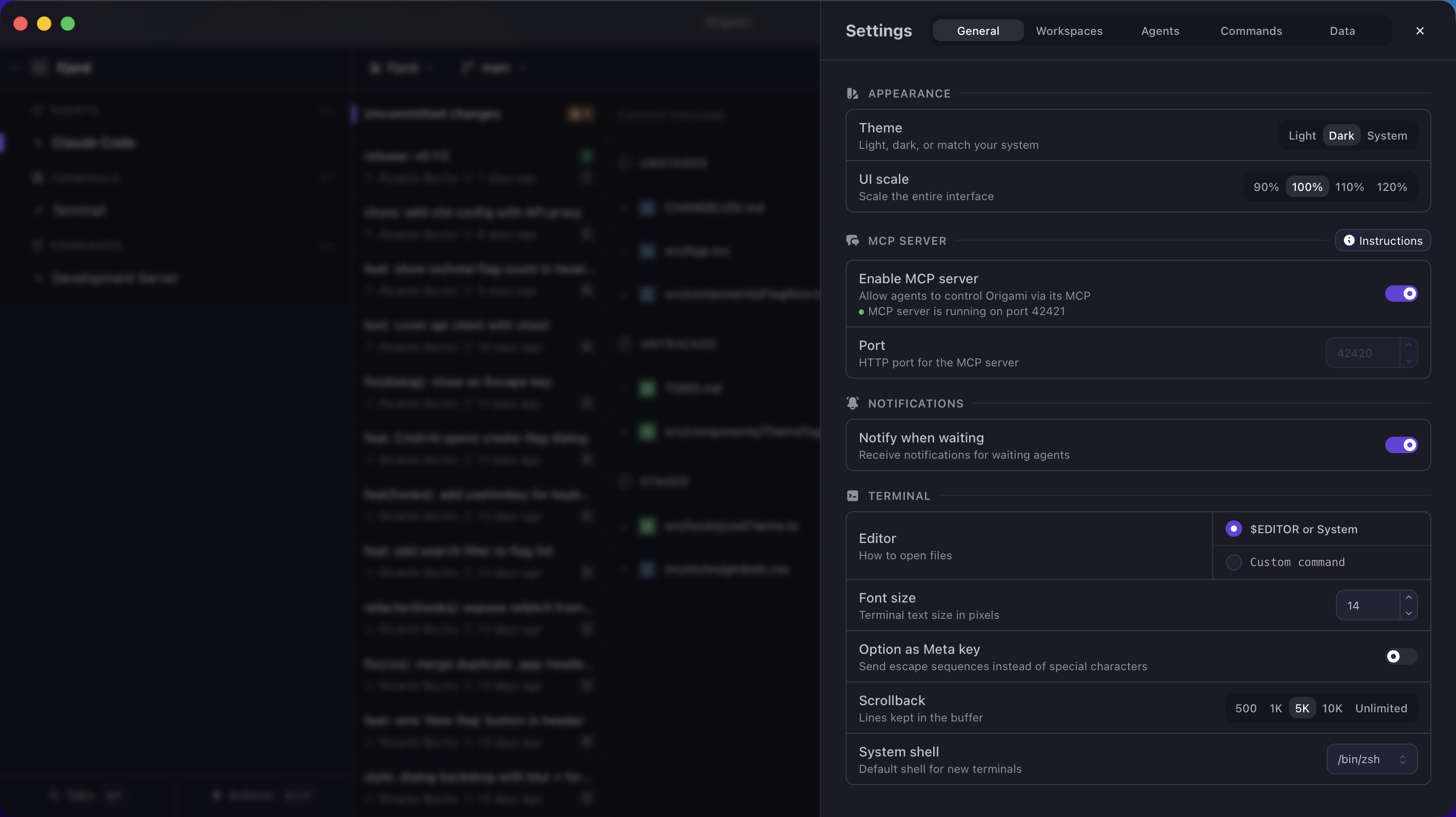Origami settings panel showing configuration options