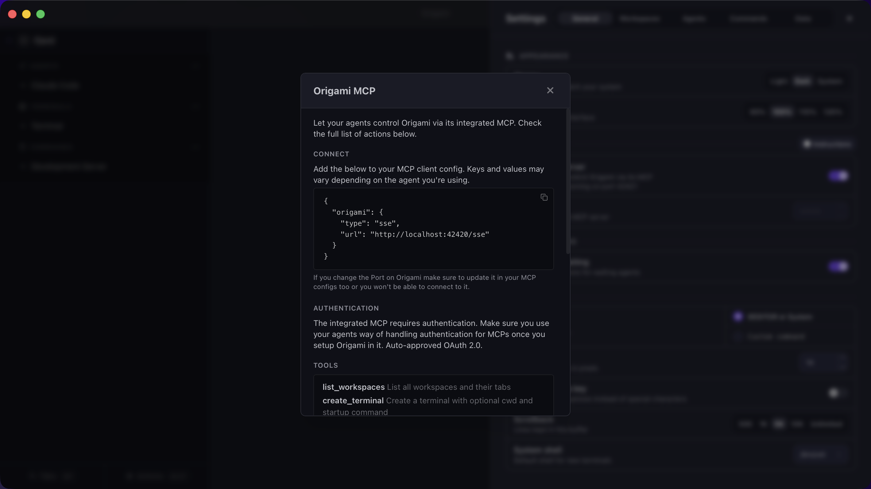 Origami MCP server configuration showing exposed tools