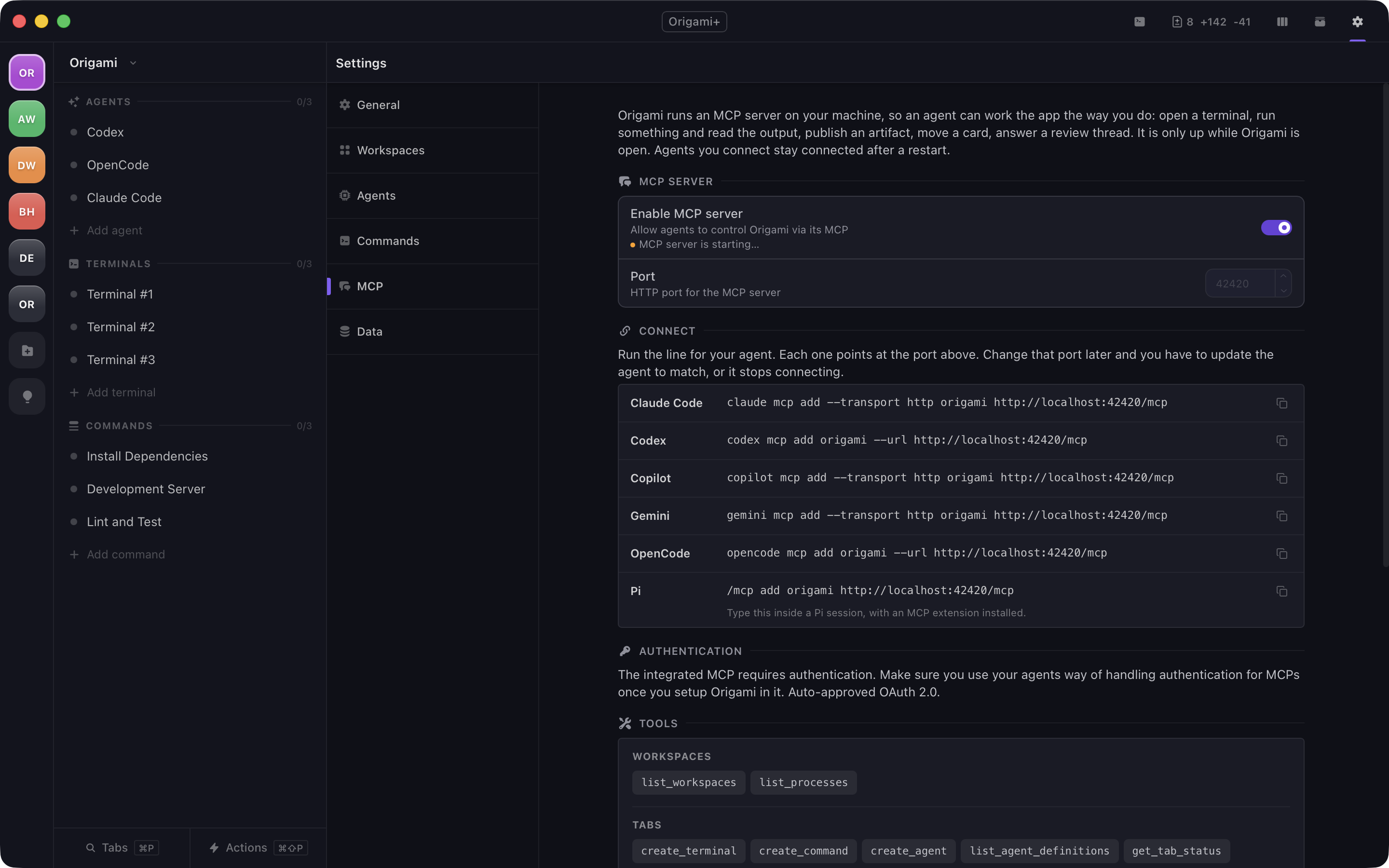 Origami MCP settings tab showing the connect line for each supported agent