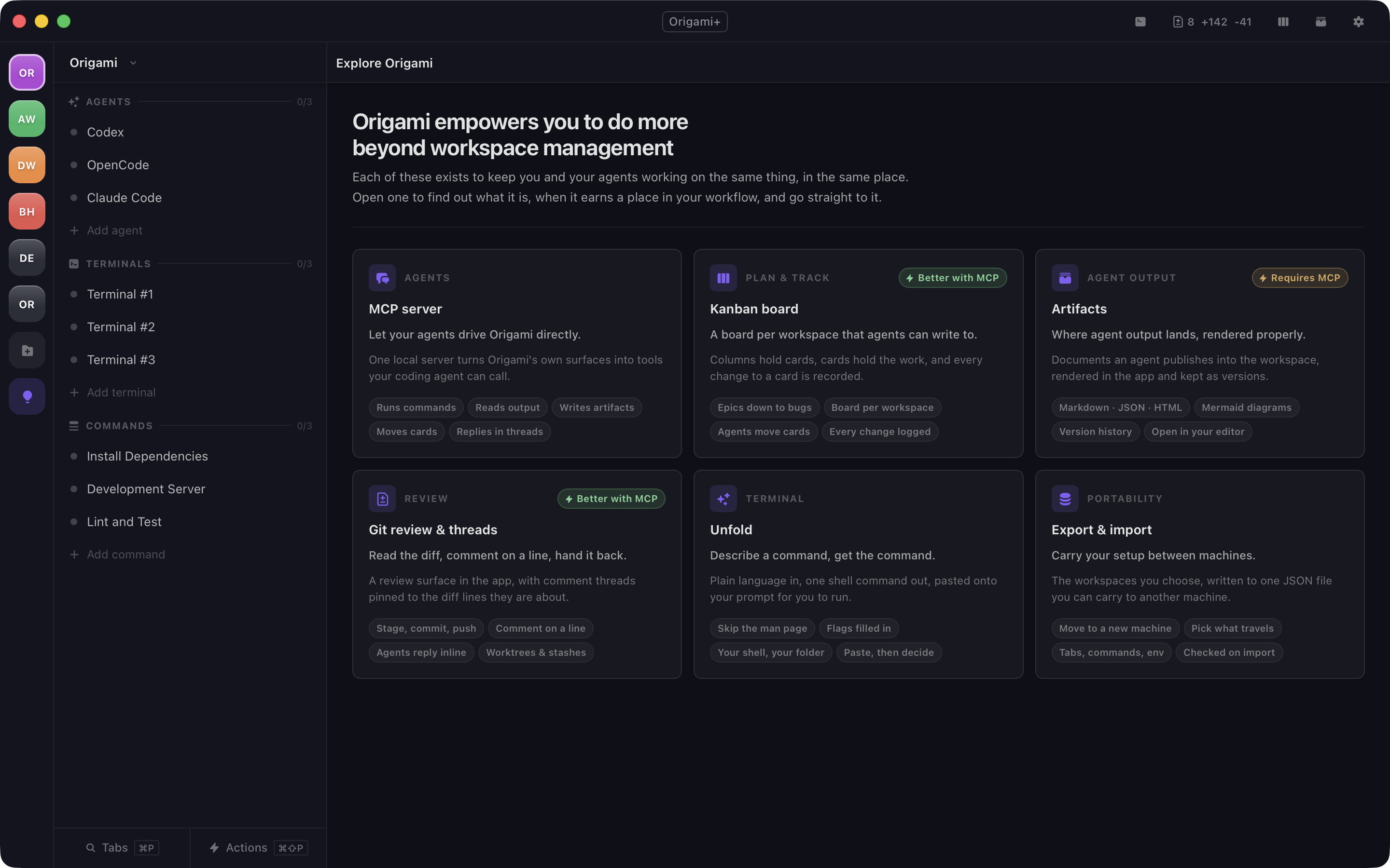 Origami Explore view listing the MCP server, kanban board, artifacts, git review, unfold, and export features