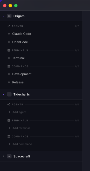 Origami sidebar showing workspaces, agents, terminals, and commands