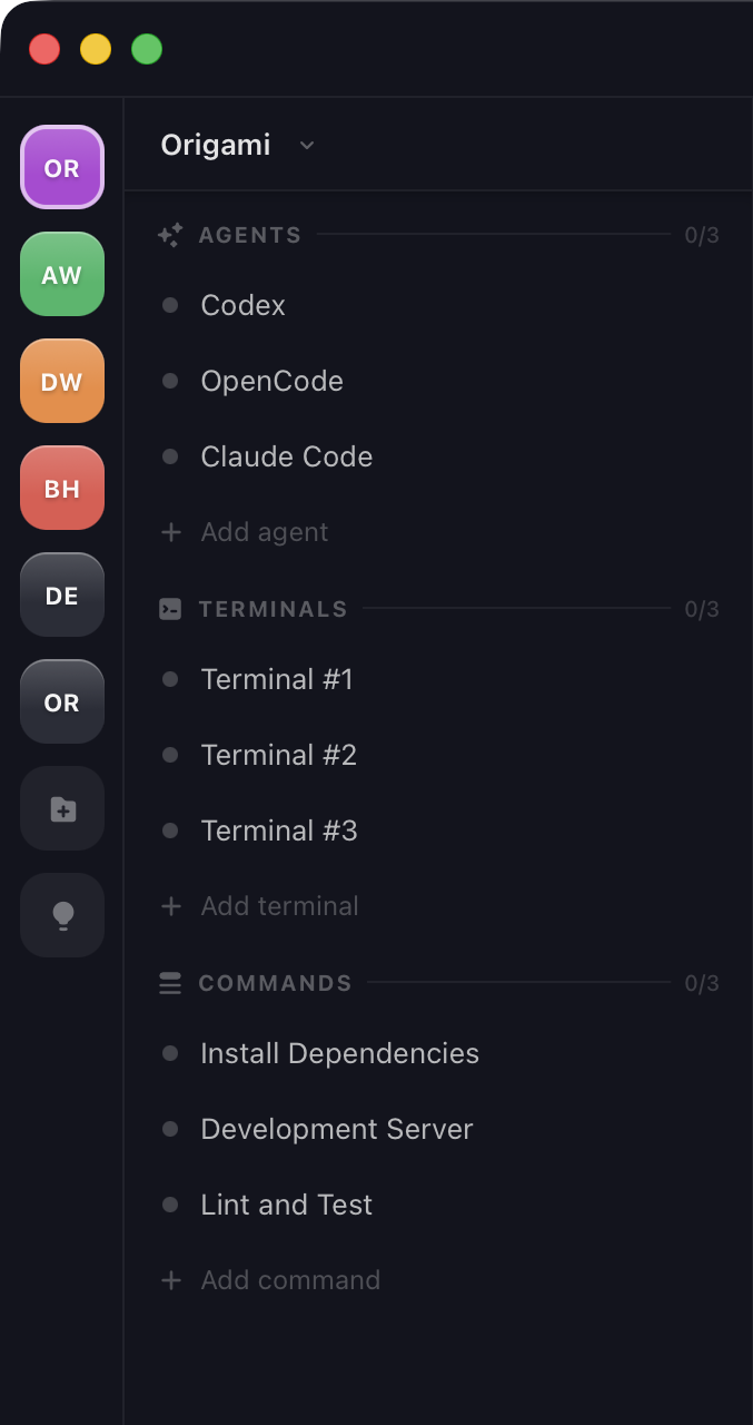 Origami sidebar showing workspaces, agents, terminals, and commands